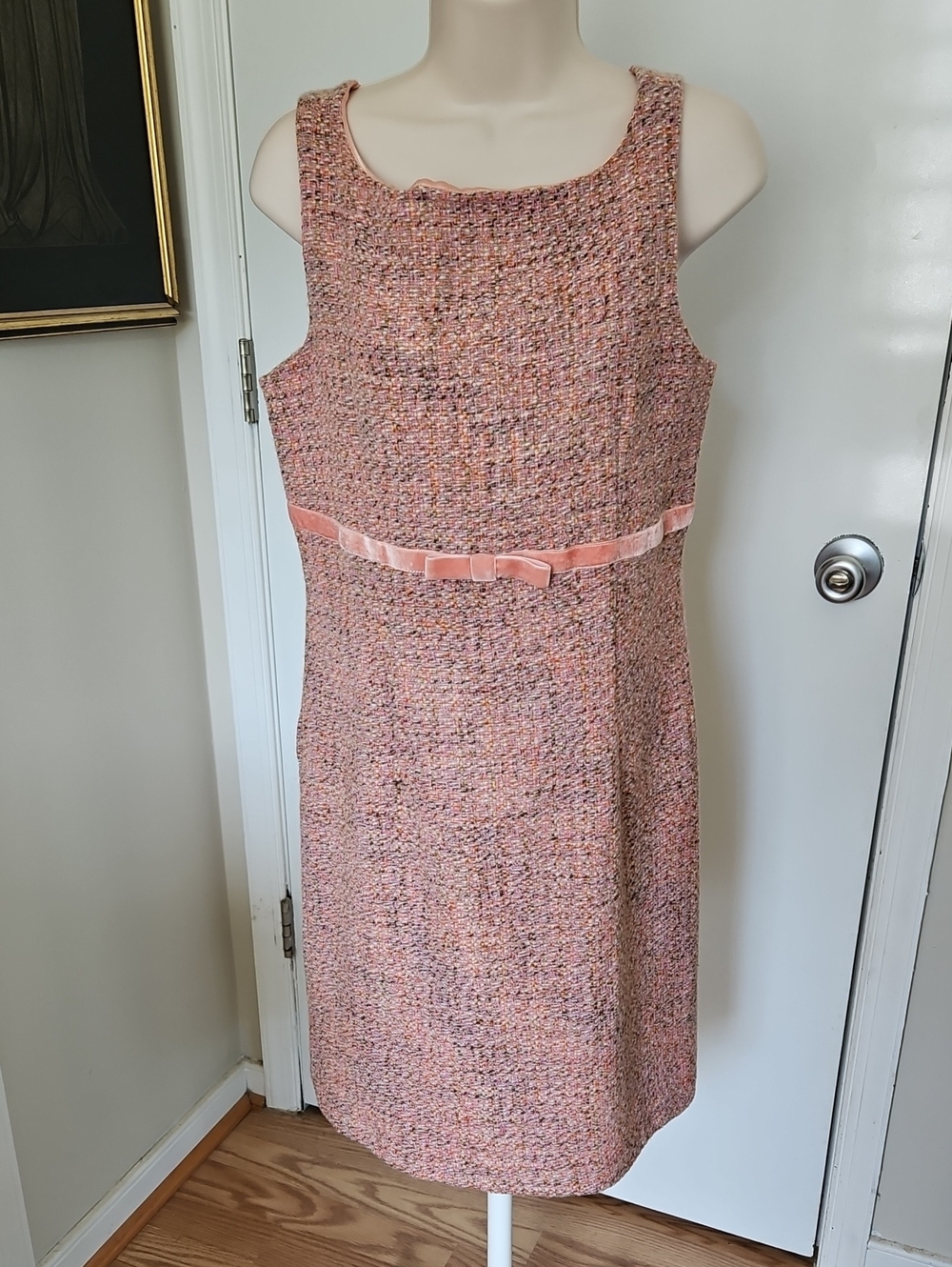 NWT Vintage Y2K Gap Tweed Wool Blend Pink Velvet Bow Sheath Dress Size 8